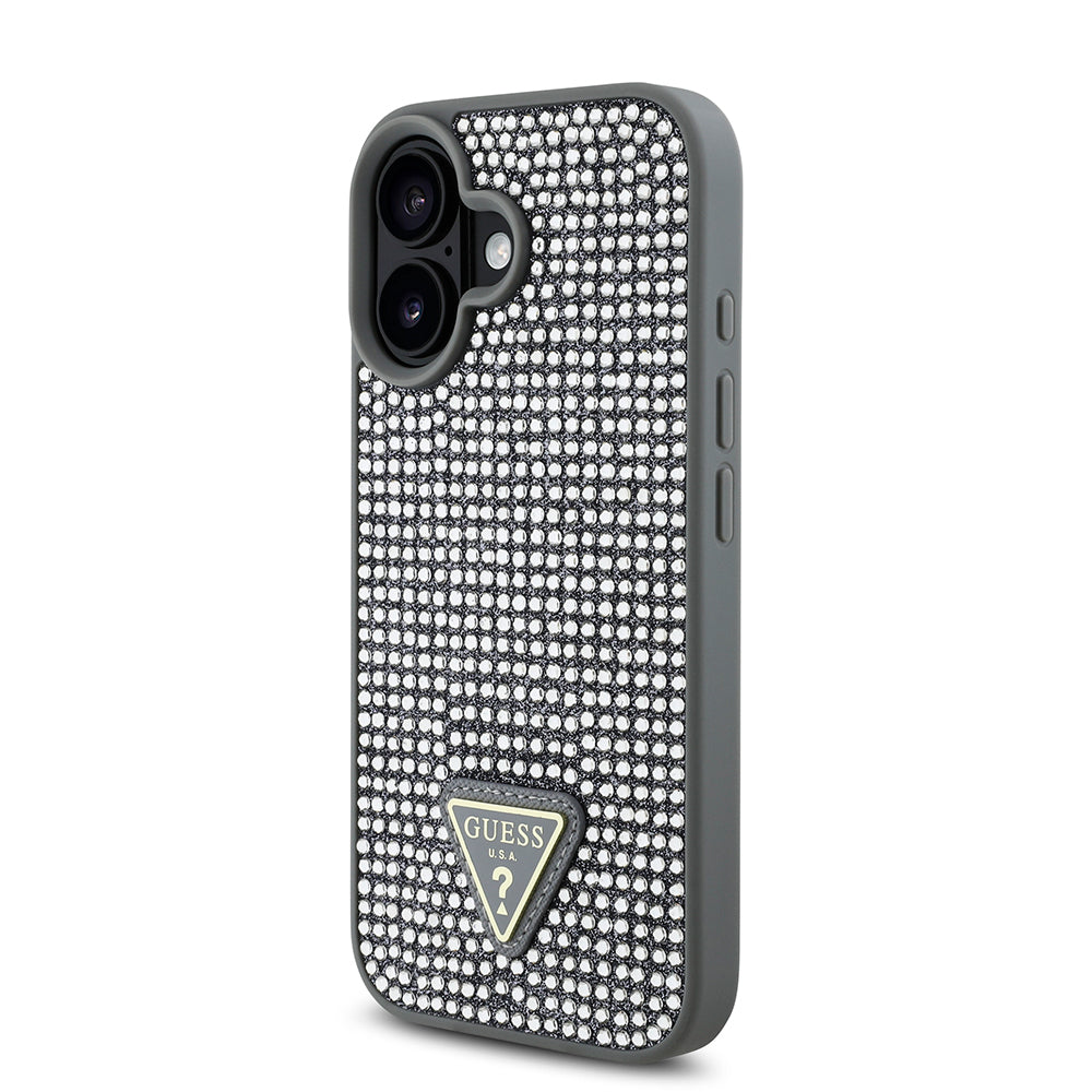 Apple iPhone 16 Plus Kılıf Guess Orjinal Lisanslı Taşlı Arka Yüzey Üçgen Logolu Kapak Siyah