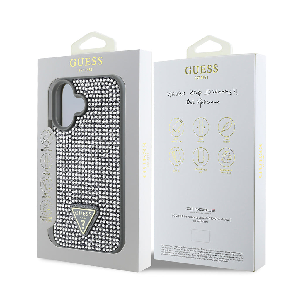 Apple iPhone 16 Plus Kılıf Guess Orjinal Lisanslı Taşlı Arka Yüzey Üçgen Logolu Kapak Gümüş