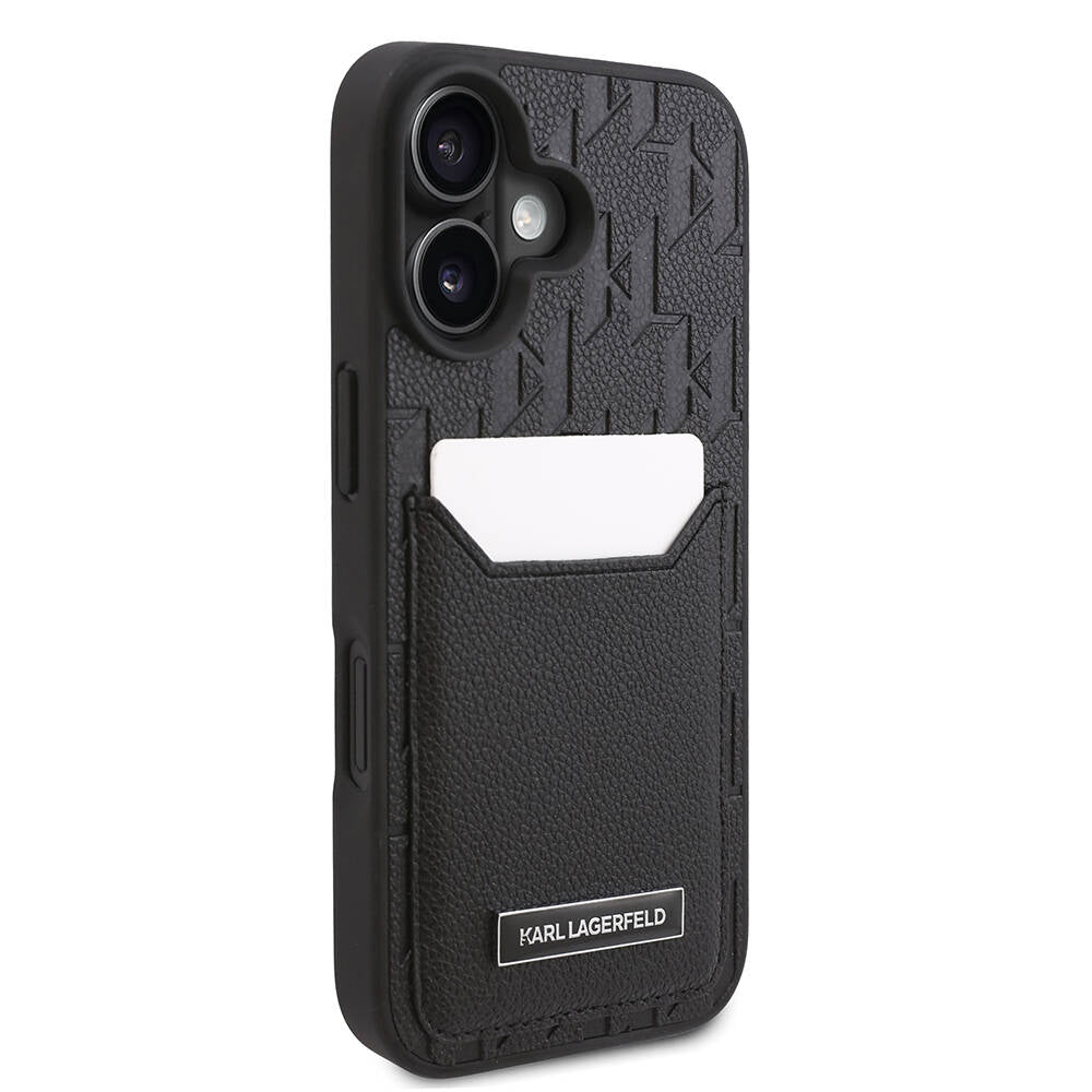Apple iPhone 16 Plus Kılıf Karl Lagerfeld Orjinal Lisanslı Kartlıklı Cardslot Monogram Kapak Siyah