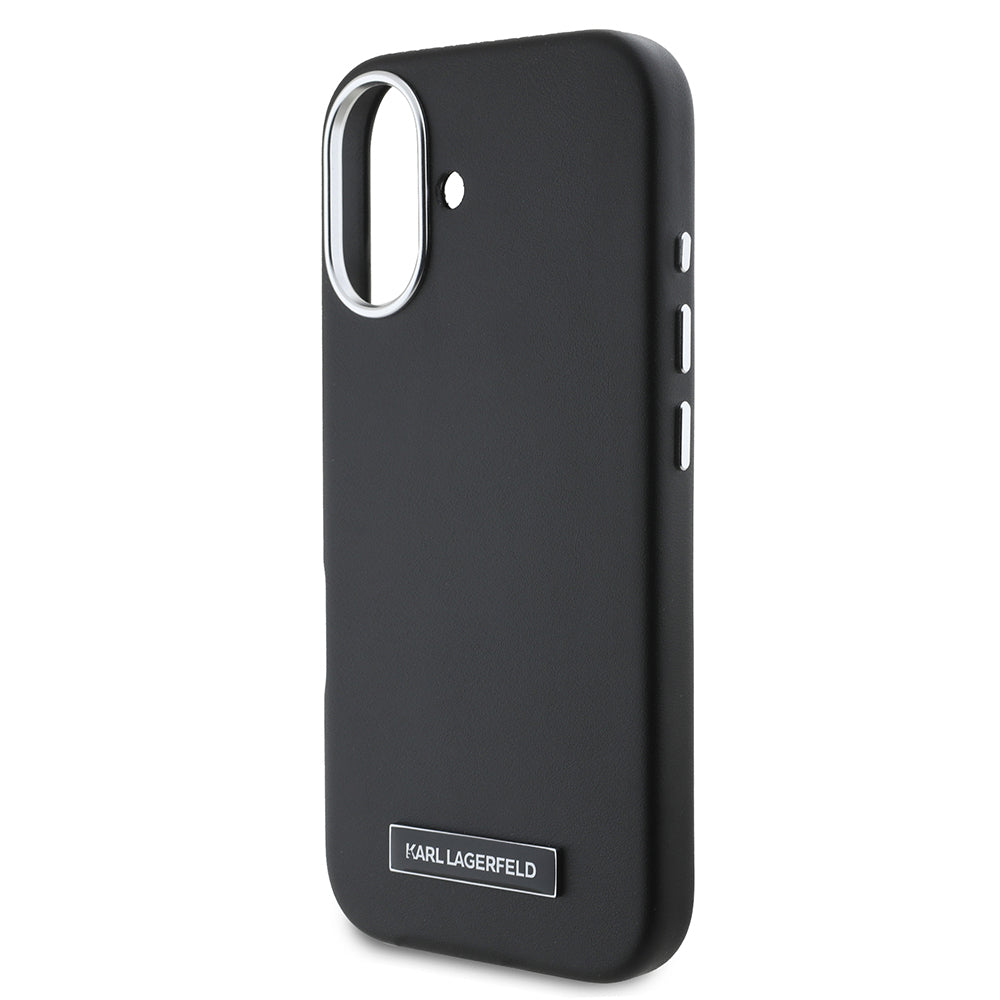Apple iPhone 16 Plus Kılıf Karl Lagerfeld Orjinal Lisanslı M-safe Şarj Özellikli Metal Kamera ve Buton Tasarımlı Plaka Logolu PU Deri Kapak Siyah