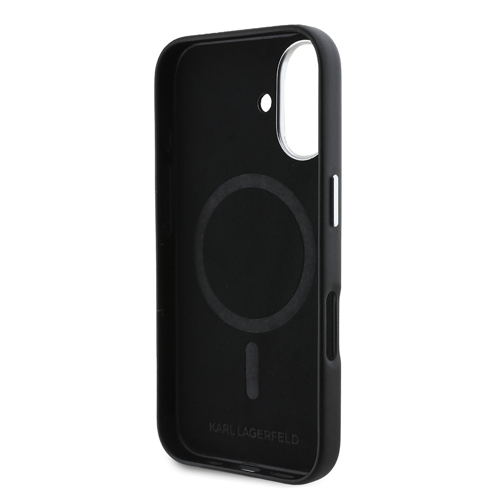 Apple iPhone 16 Plus Kılıf Karl Lagerfeld Orjinal Lisanslı M-safe Şarj Özellikli Metal Kamera ve Buton Tasarımlı Plaka Logolu PU Deri Kapak Siyah