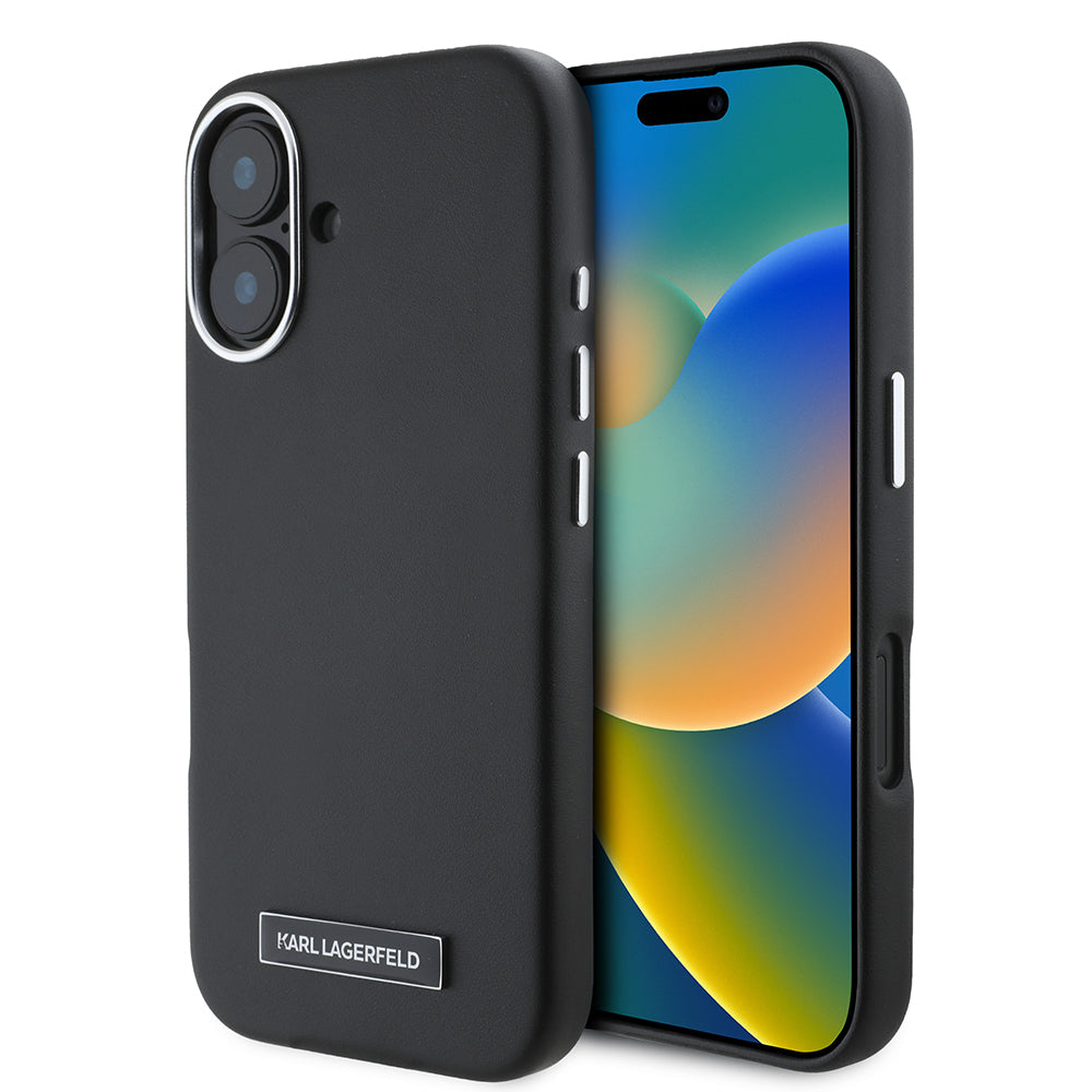 Apple iPhone 16 Plus Kılıf Karl Lagerfeld Orjinal Lisanslı M-safe Şarj Özellikli Metal Kamera ve Buton Tasarımlı Plaka Logolu PU Deri Kapak Siyah