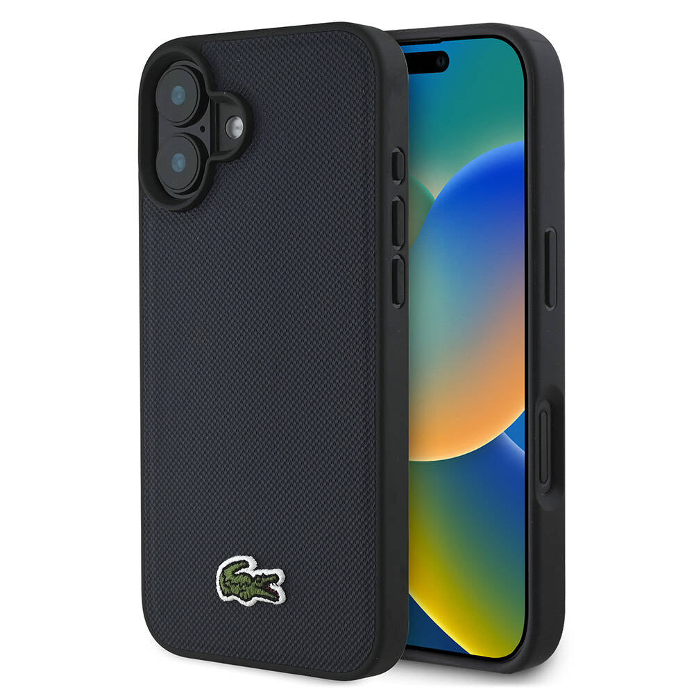 Apple iPhone 16 Plus Kılıf Lacoste Orjinal Lisanslı PU Pike Desenli Arka Yüzey İkonik Timsah Dokuma Logolu Kapak Siyah