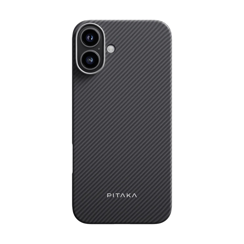 Apple iPhone 16 Plus Kılıf M-safe Şarj Özellikli 600D Aramid Fiber Pitaka Ultra-Slim Classic Serisi Black-Grey Twill Kapak Siyah