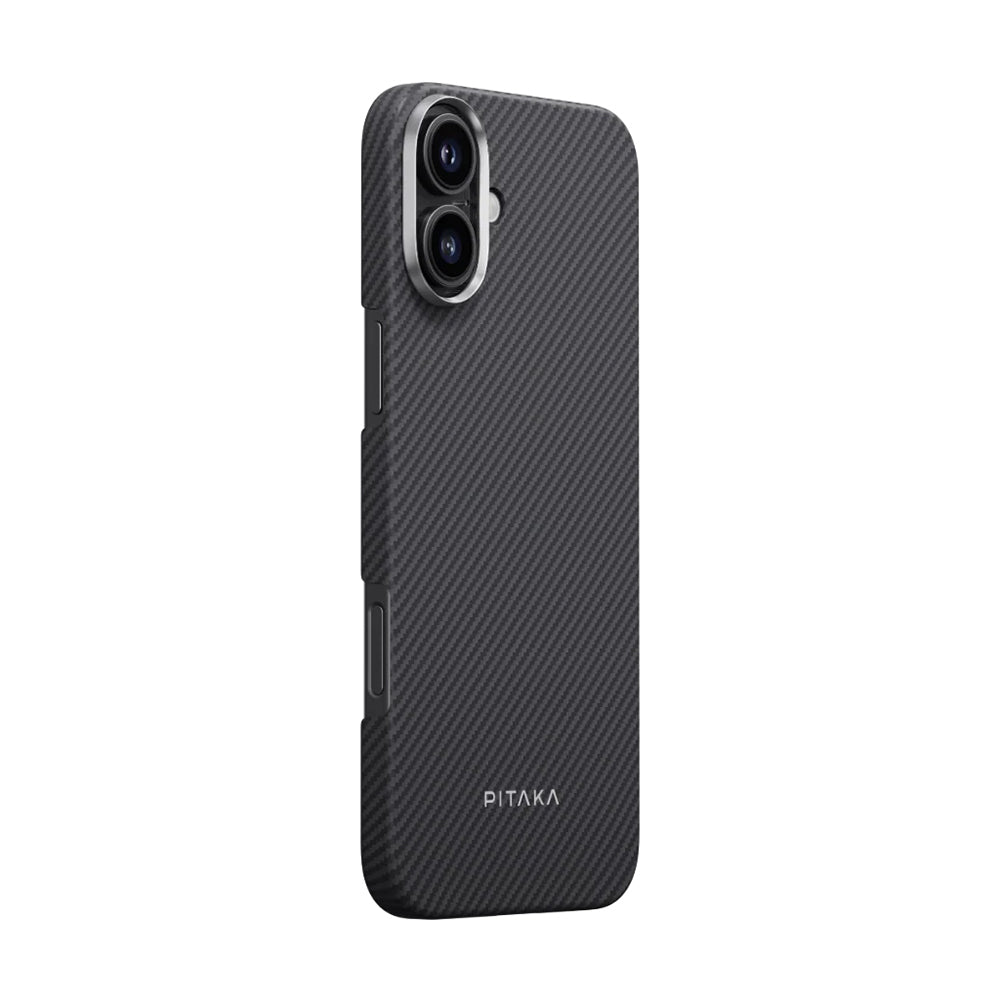 Apple iPhone 16 Plus Kılıf M-safe Şarj Özellikli 600D Aramid Fiber Pitaka Ultra-Slim Classic Serisi Black-Grey Twill Kapak Siyah