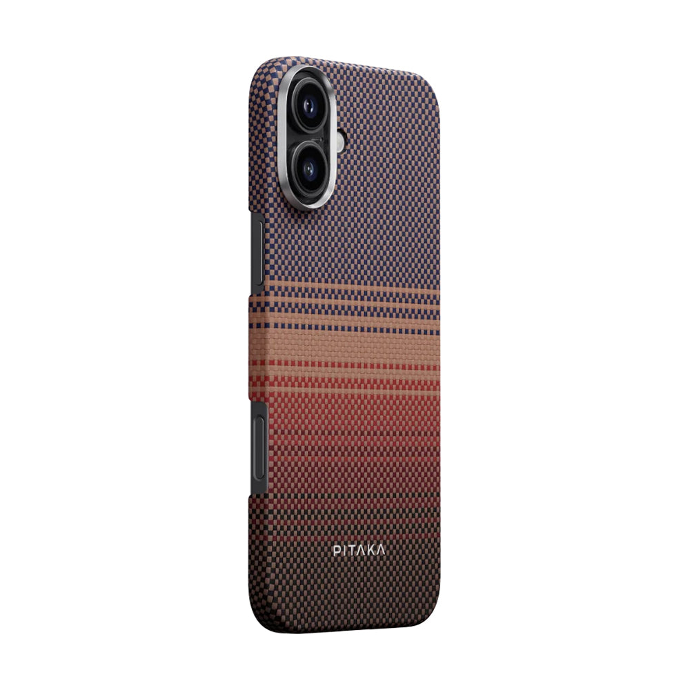 Apple iPhone 16 Plus Kılıf M-safe Şarj Özellikli Aramid Fiber Pitaka Tactile Woven Sunset-Moonrise Serisi Sunset Kapak Kahverengi