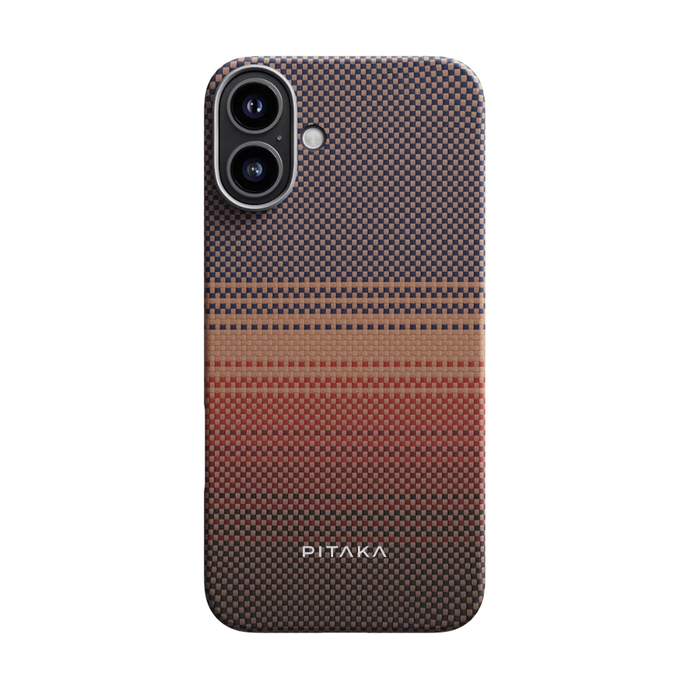 Apple iPhone 16 Plus Kılıf M-safe Şarj Özellikli Aramid Fiber Pitaka Tactile Woven Sunset-Moonrise Serisi Sunset Kapak Kahverengi