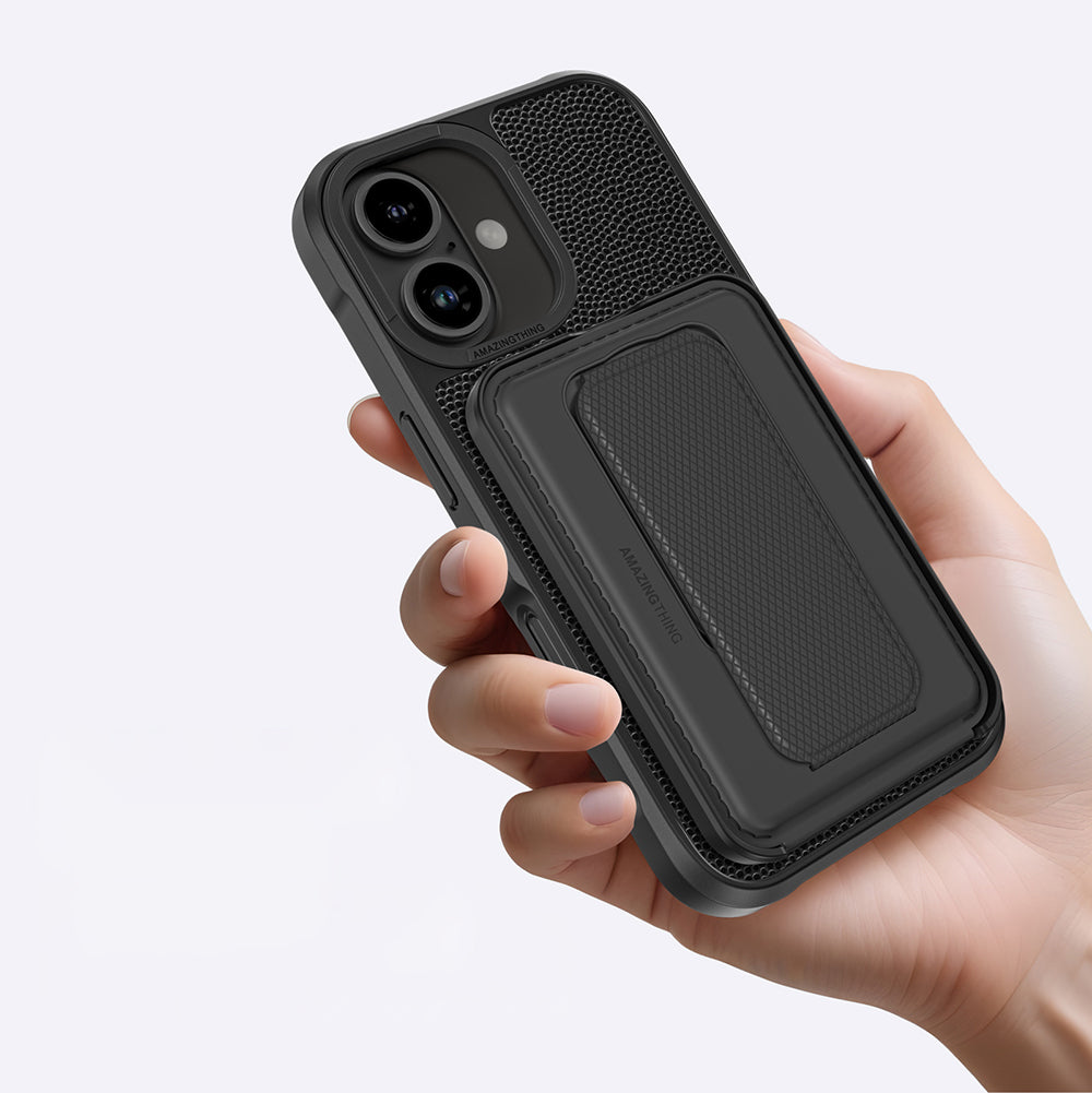 Apple iPhone 16 Plus Kılıf M-safe Şarj Özellikli Standlı Kartlıklı Set Amazinghing Glamour Luxe Serisi Kapak Siyah