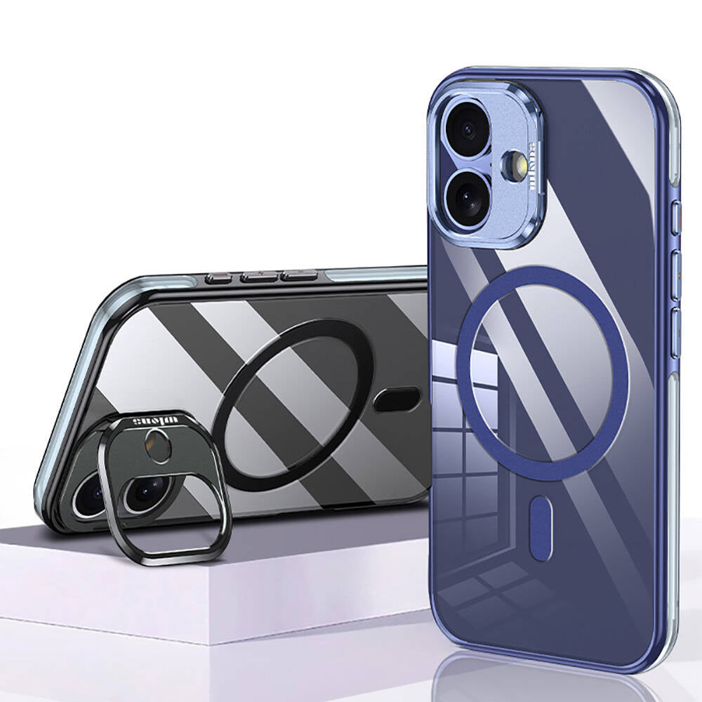 Apple iPhone 16 Plus Kılıf M-safe Şarj Özellikli Wlons Standlı Efsane Kapak Mavi