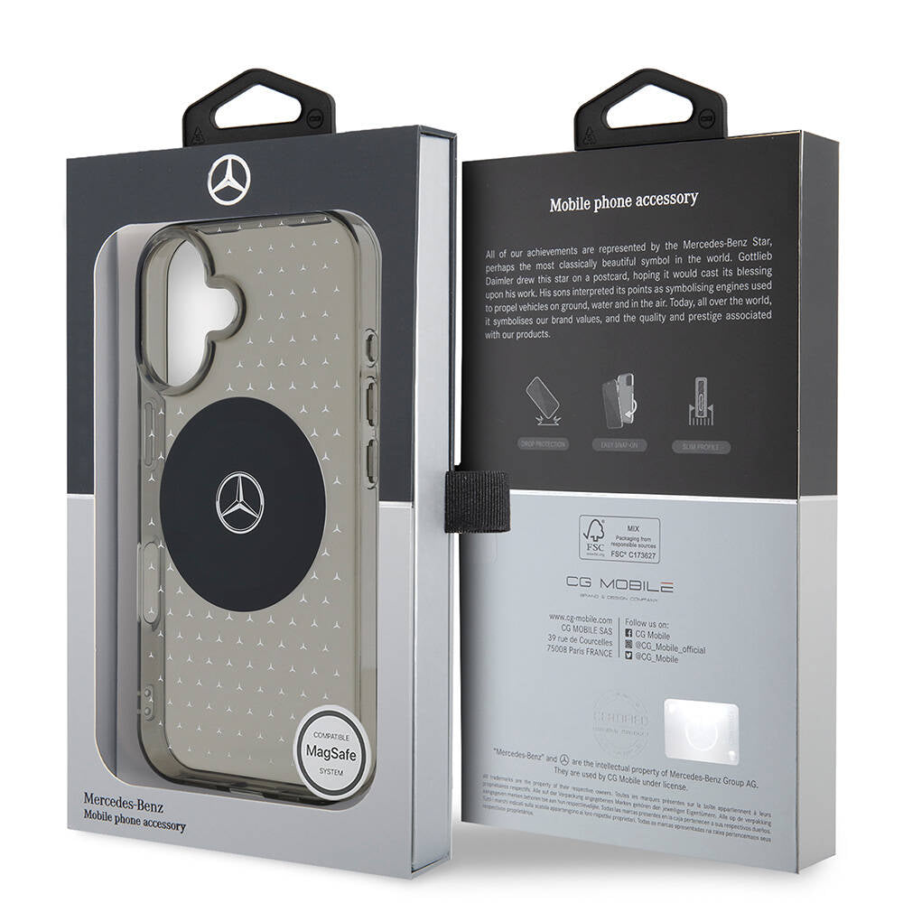 Apple iPhone 16 Plus Kılıf Mercedes Benz Orjinal Lisanslı M-safe Şarj Özellikli Yıldız Desenli Transparan Kapak Siyah