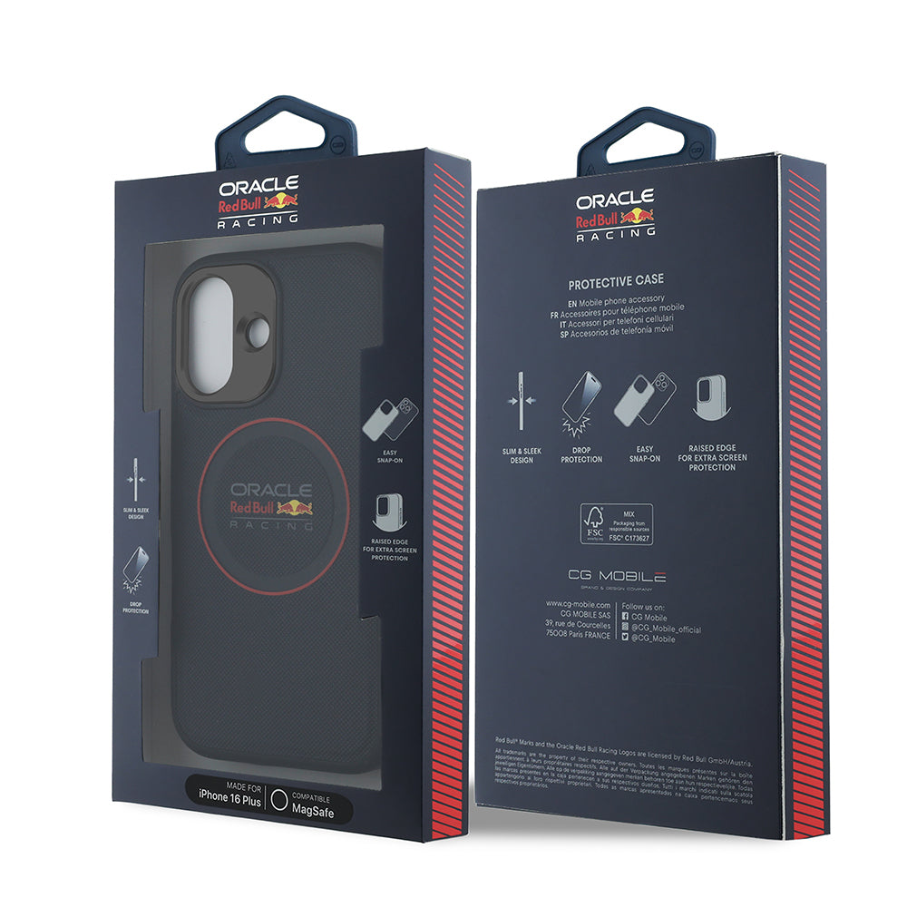 Apple iPhone 16 Plus Kılıf Redbull Orjinal Lisanslı M-safe Şarj Özellikli Kırmızı Halka ve Logo Kabartmalı PU Deri Kapak Lacivert