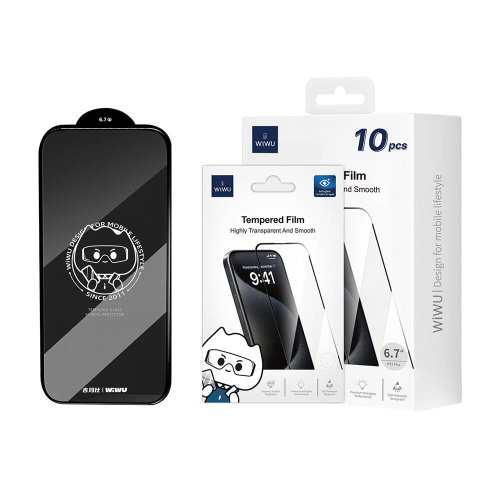 Apple iPhone 16 Plus Wiwu GT-008 Polimer Oleofobik Kaplama Şeffaf Pürüzsüz Temperli Cam Ekran Koruyucu 10'lu Paket Siyah