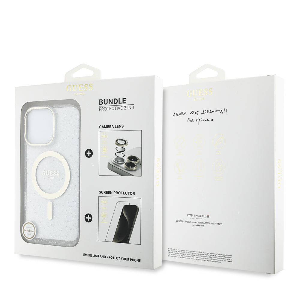 Apple iPhone 16 Pro Guess Orjinal Lisanslı 3'lü Aksesuar Seti IML Baskılı Simli Glitter Kılıf + Ekran Koruyucu + Lens Koruyucu Şeffaf