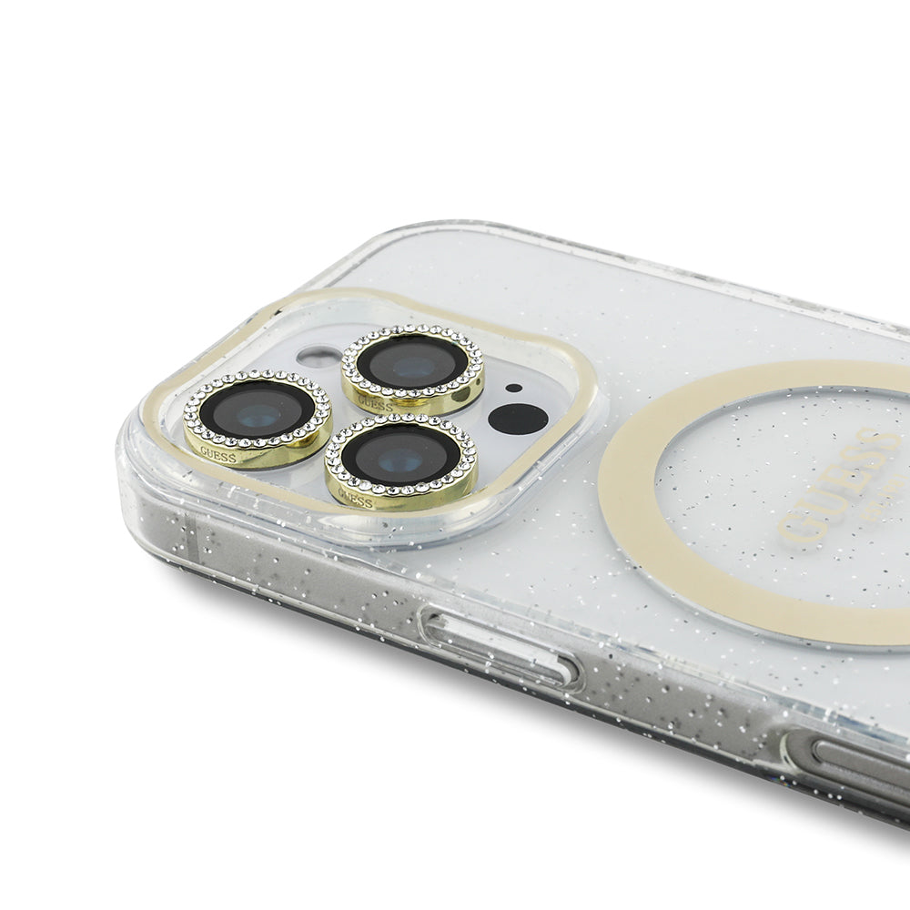 Apple iPhone 16 Pro Guess Orjinal Lisanslı 3'lü Aksesuar Seti IML Baskılı Simli Glitter Kılıf + Ekran Koruyucu + Lens Koruyucu Şeffaf