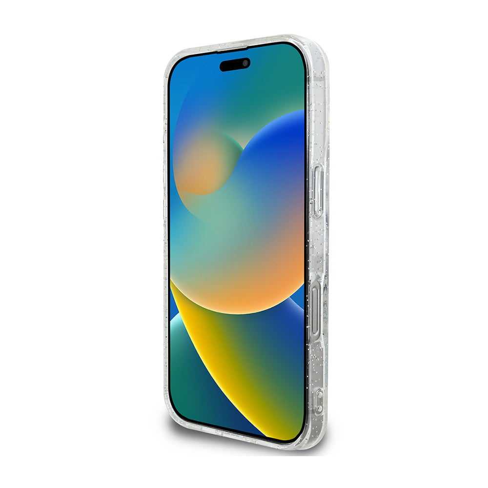 Apple iPhone 16 Pro Guess Orjinal Lisanslı 3'lü Aksesuar Seti IML Baskılı Simli Glitter Kılıf + Ekran Koruyucu + Lens Koruyucu Şeffaf