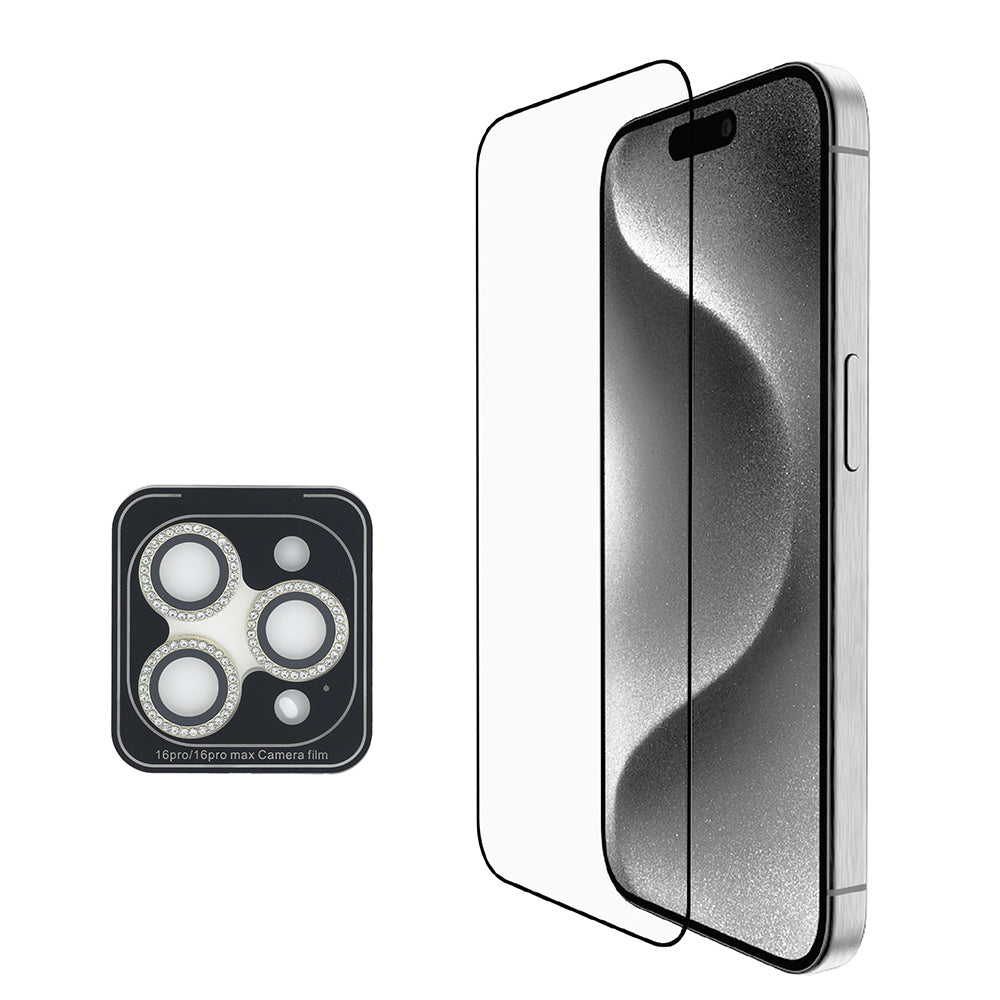 Apple iPhone 16 Pro Guess Orjinal Lisanslı 3'lü Aksesuar Seti IML Baskılı Simli Glitter Kılıf + Ekran Koruyucu + Lens Koruyucu Şeffaf