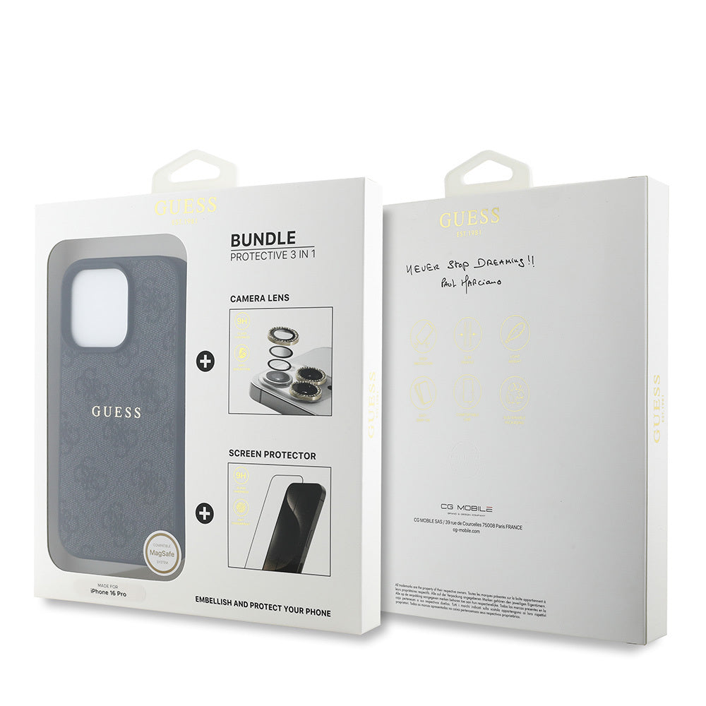 Apple iPhone 16 Pro Guess Orjinal Lisanslı Kılıf + Ekran Koruyucu + Lens Koruyucu 3in1 Aksesuar Seti Kahverengi