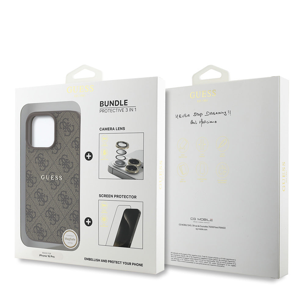 Apple iPhone 16 Pro Guess Orjinal Lisanslı Kılıf + Ekran Koruyucu + Lens Koruyucu 3in1 Aksesuar Seti Pembe