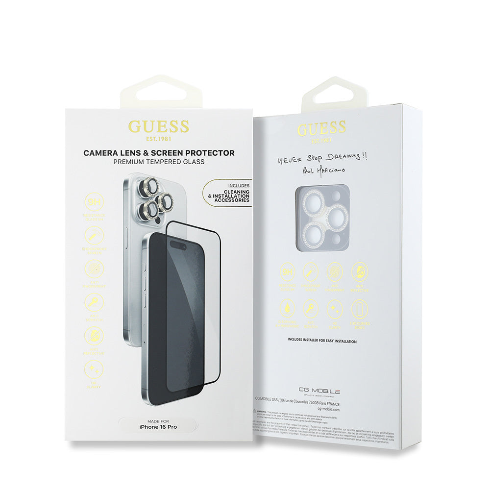 Apple iPhone 16 Pro Guess Orjinal Lisanslı Rhinestone Ekran Koruyucu + Lens Koruyucu 2in1 Aksesuar Seti Gold