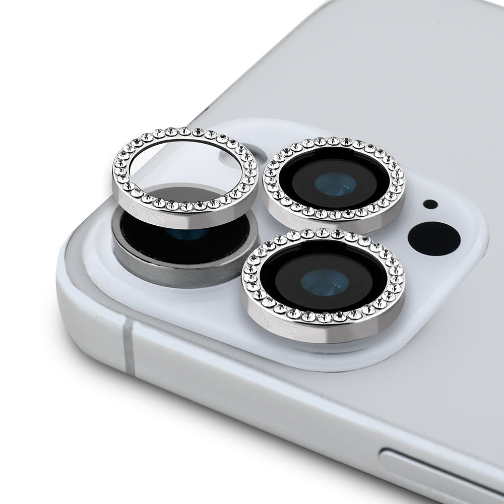 Apple iPhone 16 Pro Guess Orjinal Lisanslı Rhinestone Ekran Koruyucu + Lens Koruyucu 2in1 Aksesuar Seti Gümüş