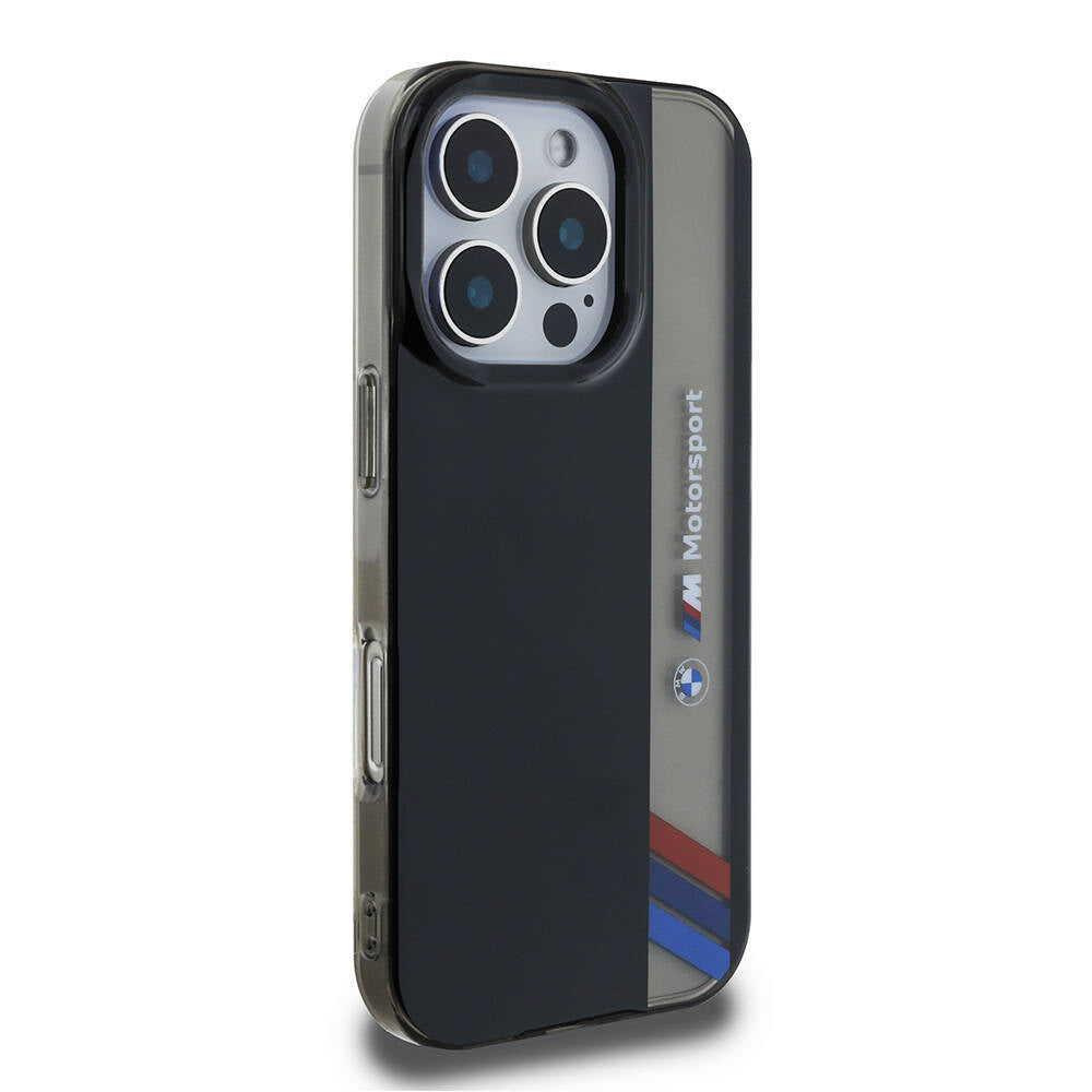 Apple iPhone 16 Pro Kılıf BMW Orjinal Lisanslı M Logolu Üç Renk Çizgili Motorsport Vertical Stripe Kapak Siyah