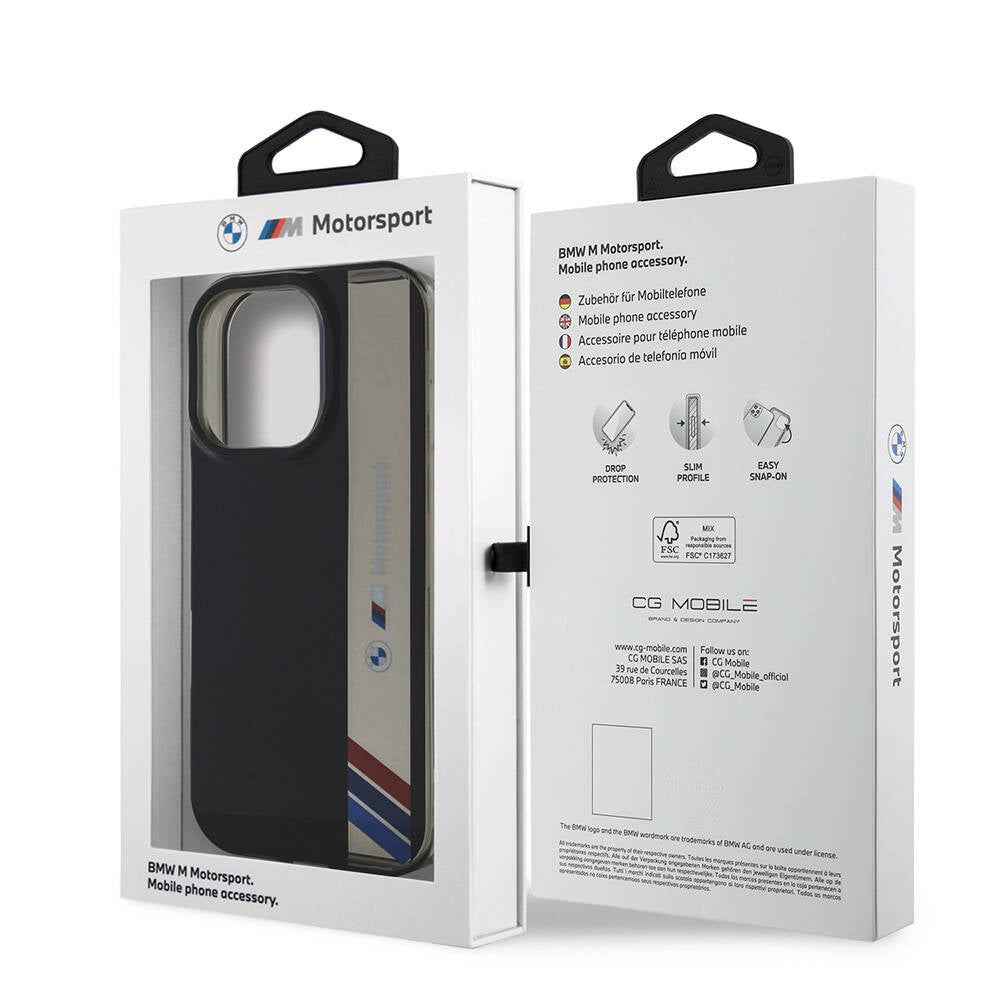 Apple iPhone 16 Pro Kılıf BMW Orjinal Lisanslı M Logolu Üç Renk Çizgili Motorsport Vertical Stripe Kapak Siyah