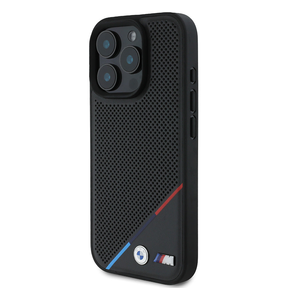 Apple iPhone 16 Pro Kılıf BMW Orjinal Lisanslı M-safe Şarj Özellikli M Logolu Üç Çizgili Delikli Deri Kapak Siyah