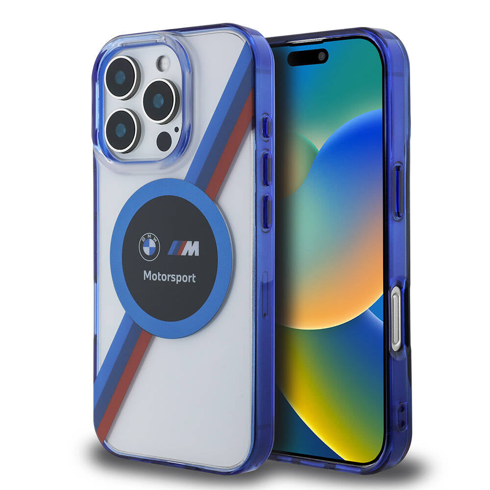 Apple iPhone 16 Pro Kılıf BMW Orjinal Lisanslı M-safe Şarj Özellikli M Logolu Üç Renk Çizgili Motorsport Circle Kapak Şeffaf