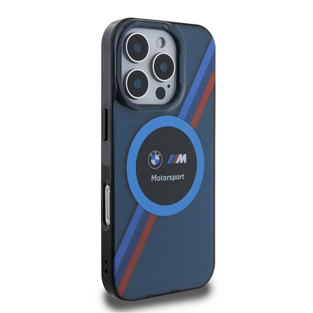 Apple iPhone 16 Pro Kılıf BMW Orjinal Lisanslı M-safe Şarj Özellikli M Logolu Üç Renk Çizgili Motorsport Circle Kapak Şeffaf