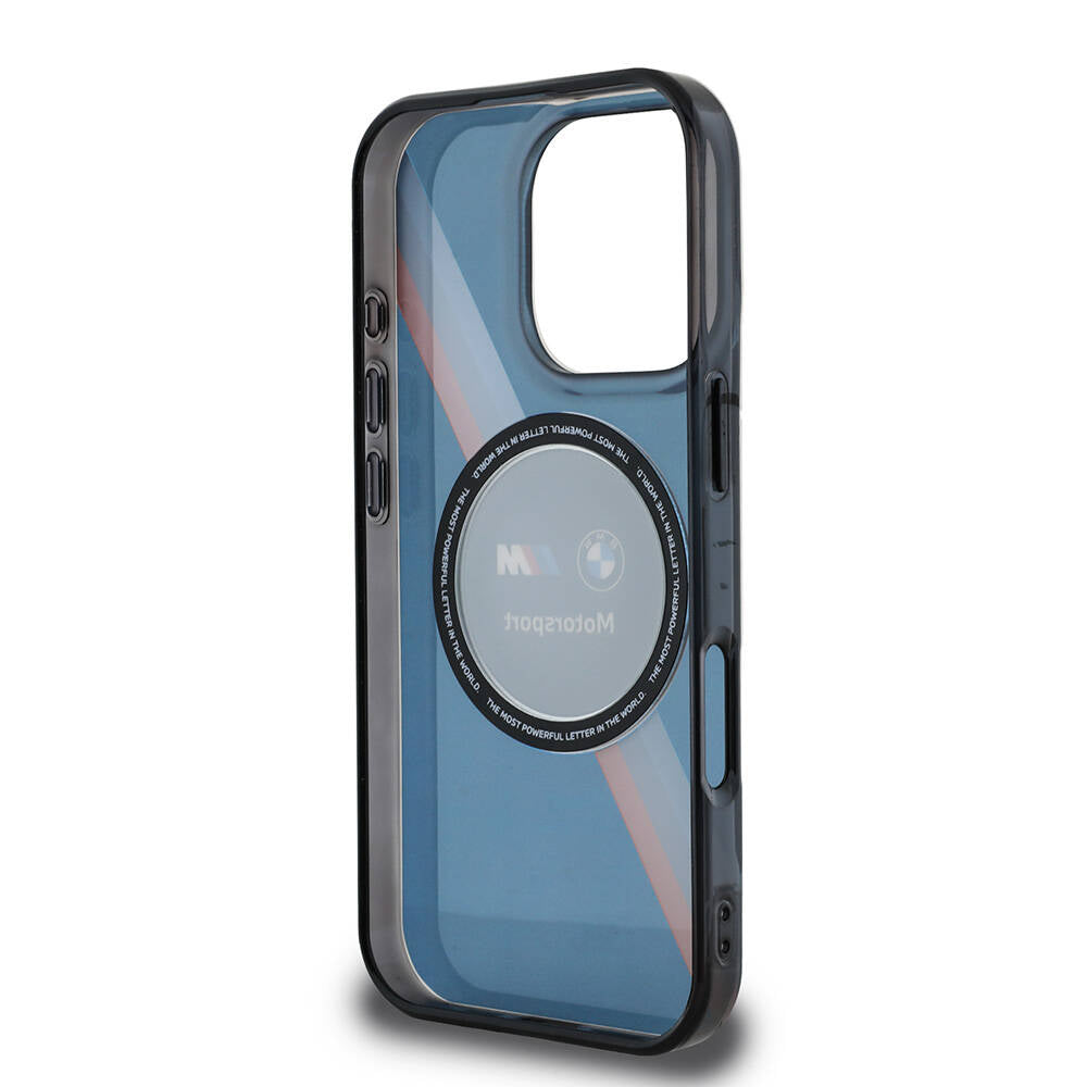 Apple iPhone 16 Pro Kılıf BMW Orjinal Lisanslı M-safe Şarj Özellikli M Logolu Üç Renk Çizgili Motorsport Circle Kapak Şeffaf