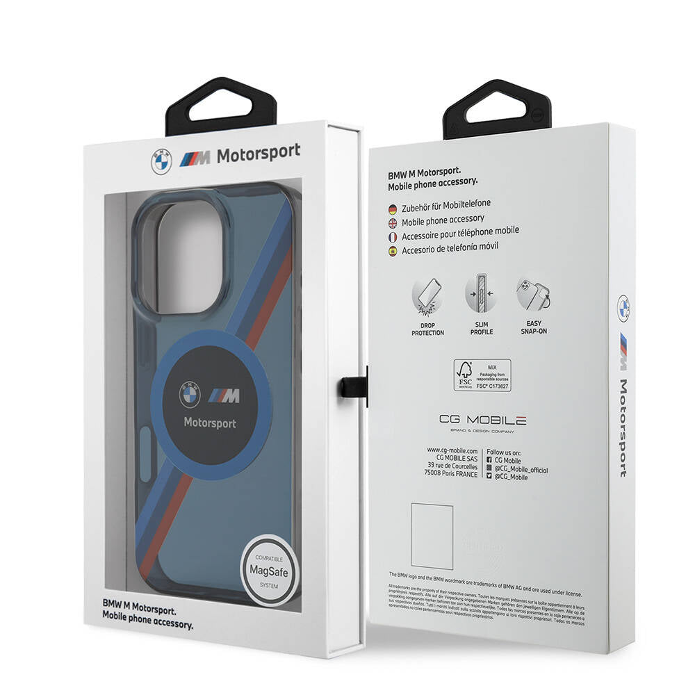 Apple iPhone 16 Pro Kılıf BMW Orjinal Lisanslı M-safe Şarj Özellikli M Logolu Üç Renk Çizgili Motorsport Circle Kapak Şeffaf