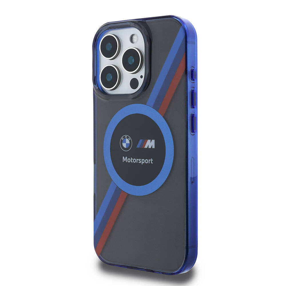 Apple iPhone 16 Pro Kılıf BMW Orjinal Lisanslı M-safe Şarj Özellikli M Logolu Üç Renk Çizgili Motorsport Circle Kapak Şeffaf