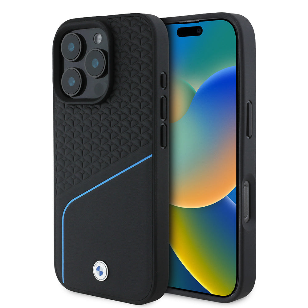 Apple iPhone 16 Pro Kılıf BMW Orjinal Lisanslı M-safe Şarj Özellikli Metal Logolu Dokulu ve Çizgili Deri Kapak Siyah