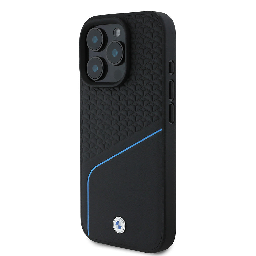 Apple iPhone 16 Pro Kılıf BMW Orjinal Lisanslı M-safe Şarj Özellikli Metal Logolu Dokulu ve Çizgili Deri Kapak Gri