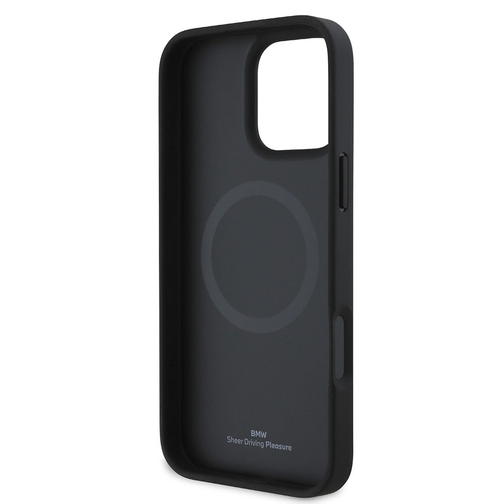 Apple iPhone 16 Pro Kılıf BMW Orjinal Lisanslı M-safe Şarj Özellikli Metal Logolu Dokulu ve Çizgili Deri Kapak Siyah