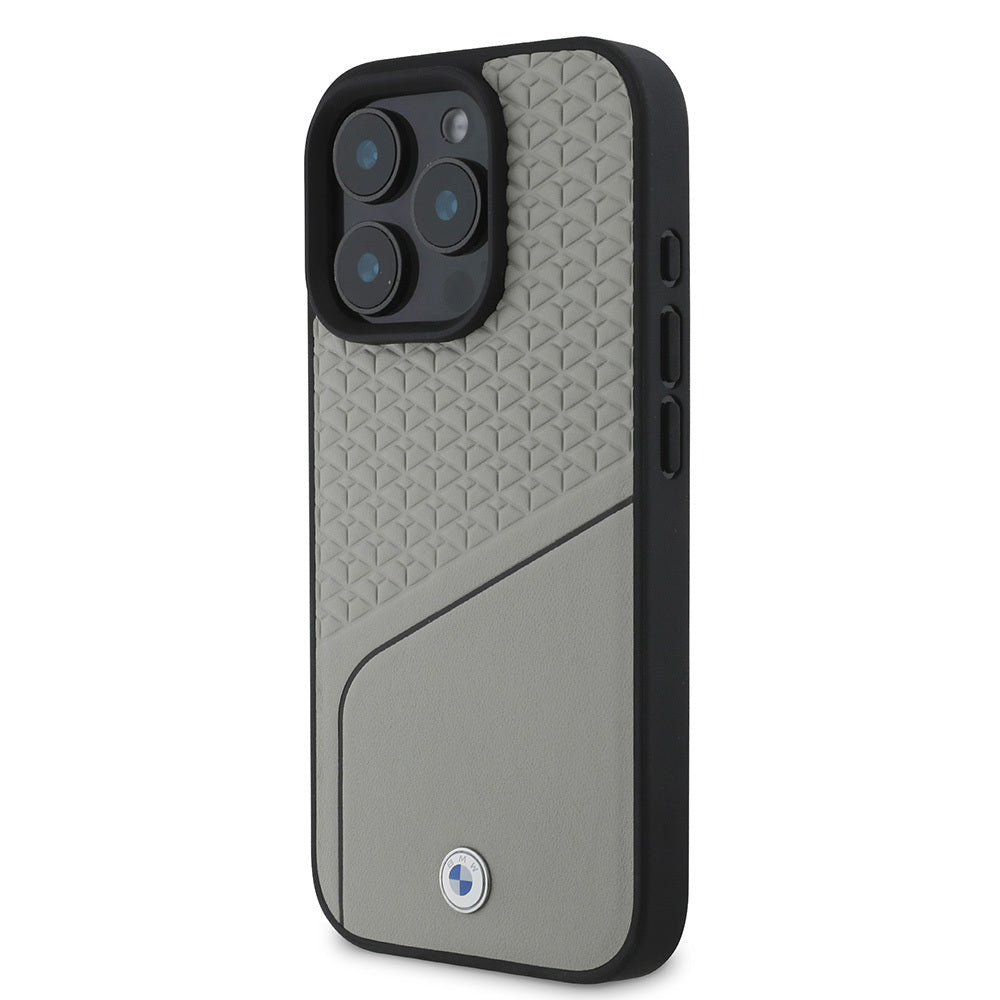 Apple iPhone 16 Pro Kılıf BMW Orjinal Lisanslı M-safe Şarj Özellikli Metal Logolu Dokulu ve Çizgili Deri Kapak Gri