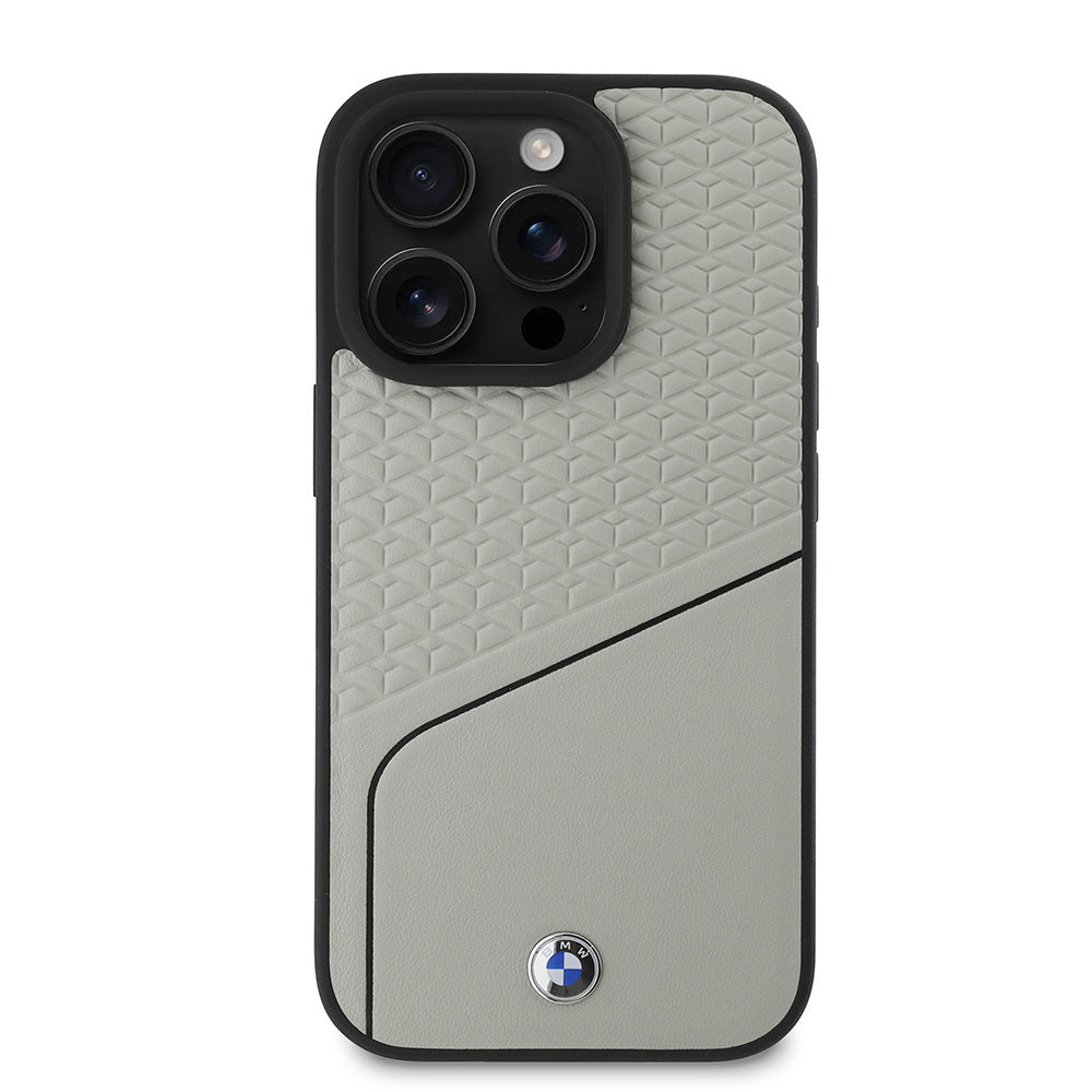 Apple iPhone 16 Pro Kılıf BMW Orjinal Lisanslı M-safe Şarj Özellikli Metal Logolu Dokulu ve Çizgili Deri Kapak Gri