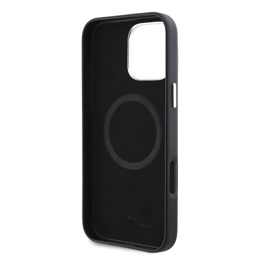 Apple iPhone 16 Pro Kılıf BMW Orjinal Lisanslı M-safe Şarj Özellikli Metal Logolu Tam Kaplama Deri Kapak Siyah