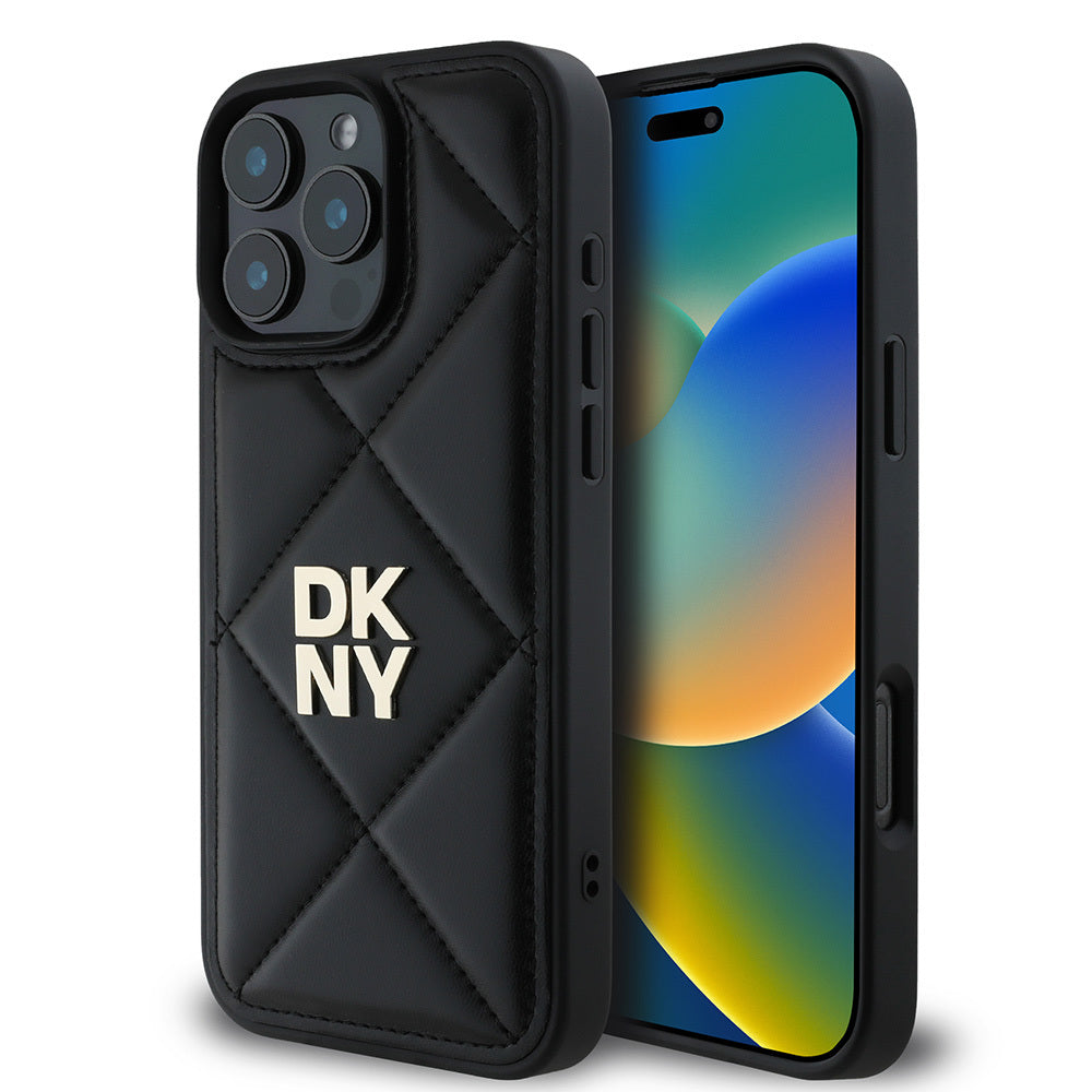 Apple iPhone 16 Pro Kılıf DKNY Orjinal Lisanslı Kapitone Tasarımlı Metal Logolu Deri Kapak Bej