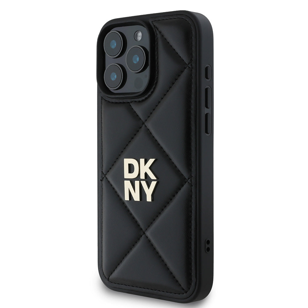 Apple iPhone 16 Pro Kılıf DKNY Orjinal Lisanslı Kapitone Tasarımlı Metal Logolu Deri Kapak Bej
