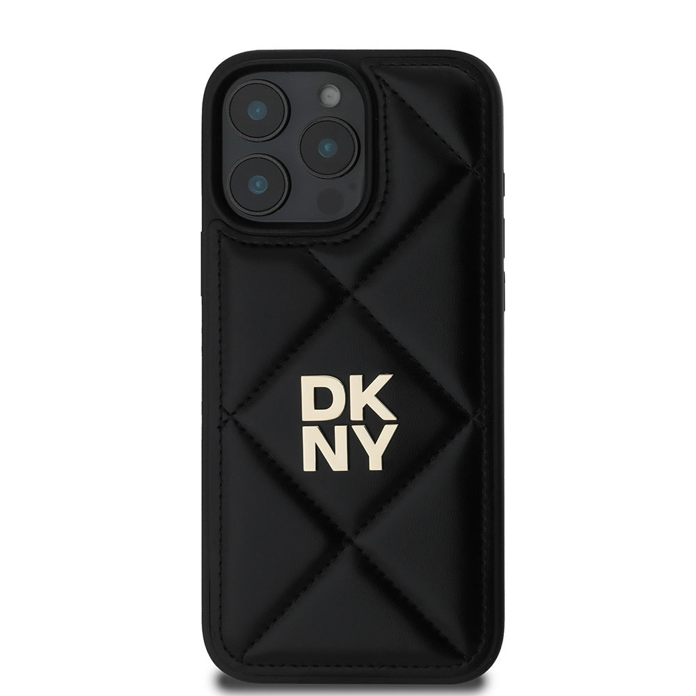 Apple iPhone 16 Pro Kılıf DKNY Orjinal Lisanslı Kapitone Tasarımlı Metal Logolu Deri Kapak Siyah