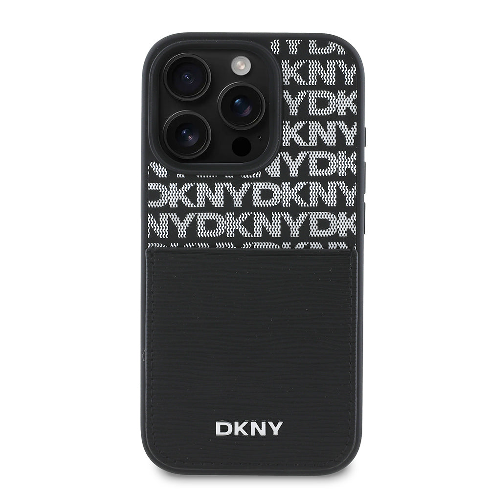 Apple iPhone 16 Pro Kılıf DKNY Orjinal Lisanslı Kartlıklı 3D Yazılı Repeat Texture Pattern Kapak Siyah