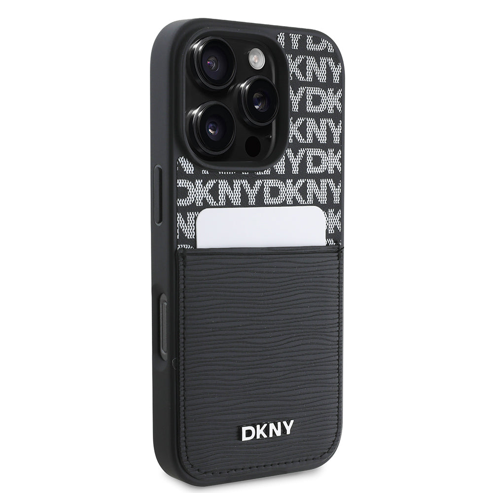 Apple iPhone 16 Pro Kılıf DKNY Orjinal Lisanslı Kartlıklı 3D Yazılı Repeat Texture Pattern Kapak Siyah