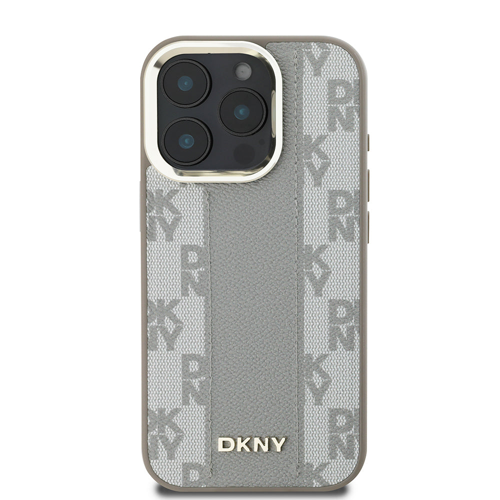 Apple iPhone 16 Pro Kılıf DKNY Orjinal Lisanslı M-safe Şarj Özellikli 3D Yazılı Checkered Pattern Kapak Bej