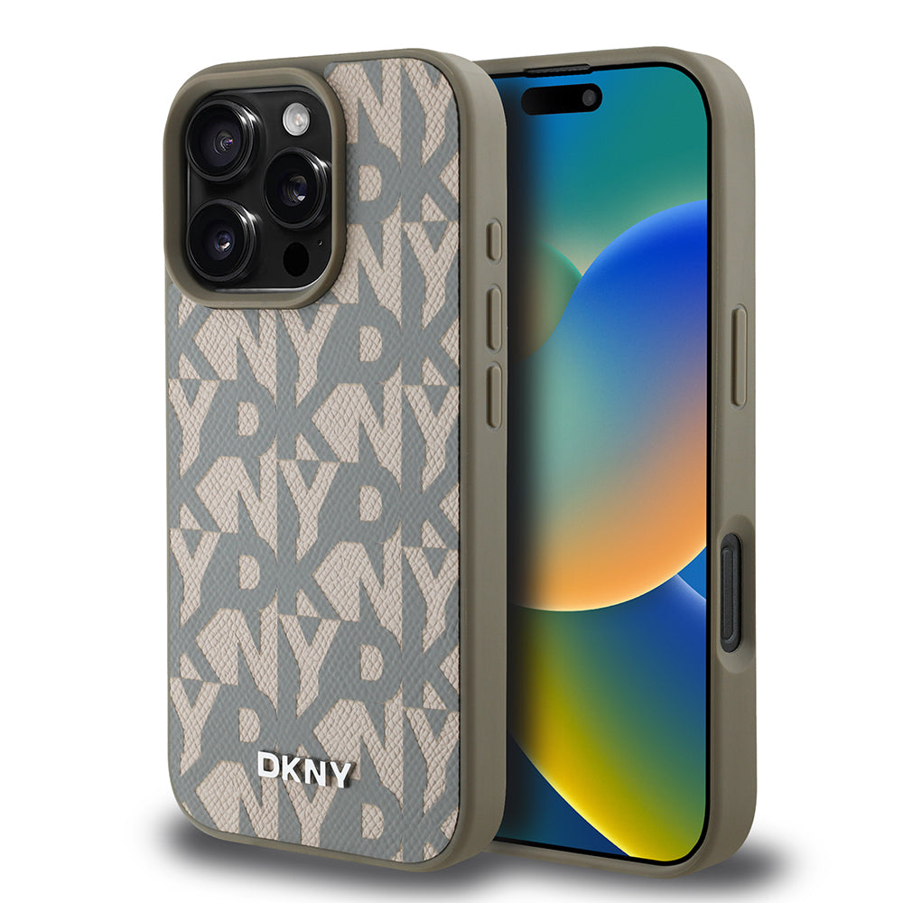 Apple iPhone 16 Pro Kılıf DKNY Orjinal Lisanslı M-safe Şarj Özellikli 3D Yazılı Grid Pattern Kapak Kahverengi