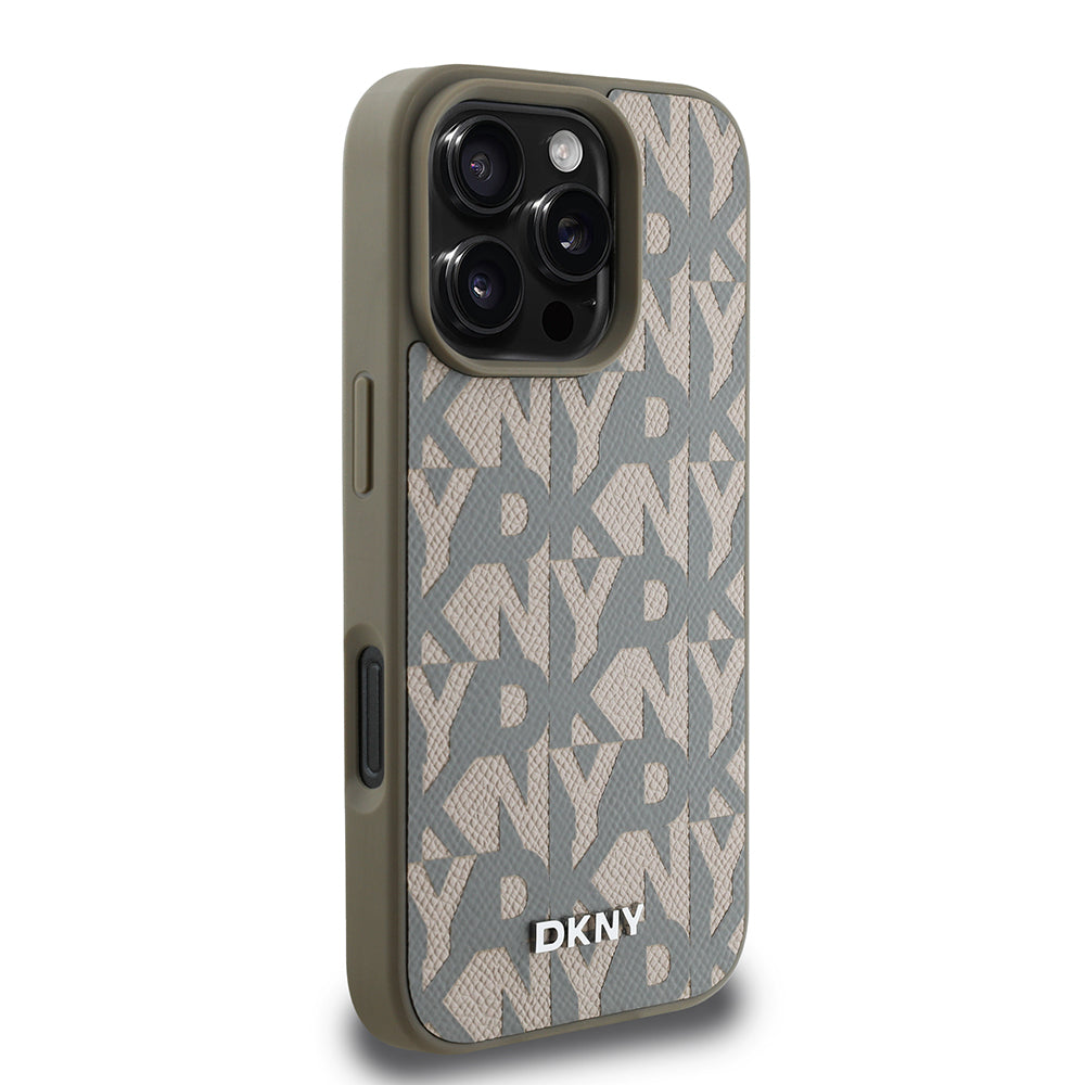 Apple iPhone 16 Pro Kılıf DKNY Orjinal Lisanslı M-safe Şarj Özellikli 3D Yazılı Grid Pattern Kapak Gri