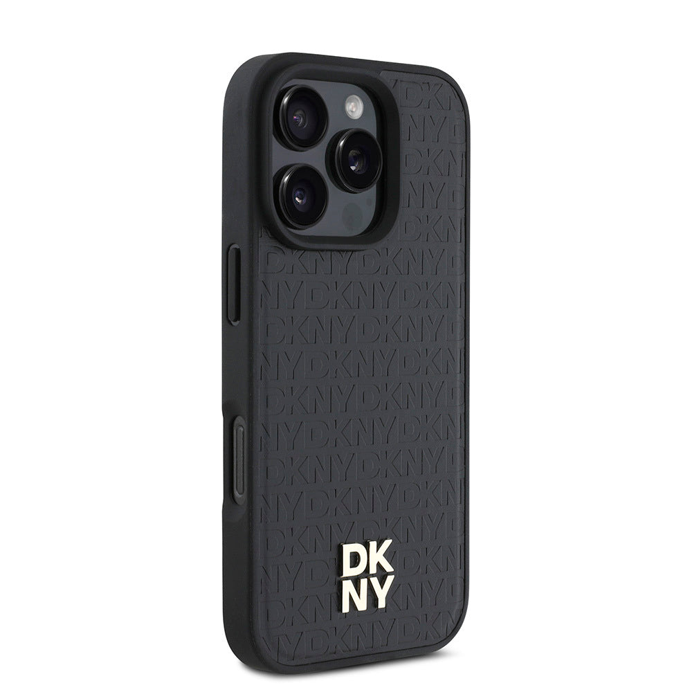 Apple iPhone 16 Pro Kılıf DKNY Orjinal Lisanslı M-safe Şarj Özellikli 3D Yazılı Repeat Pattern Kapak Kahverengi