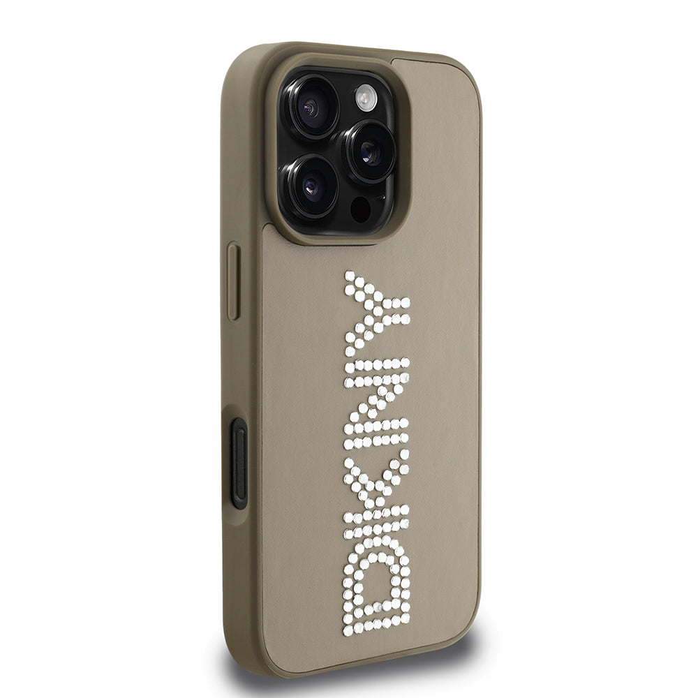 Apple iPhone 16 Pro Kılıf DKNY Orjinal Lisanslı Taşlı DKNY Yazılı Metalik Rhinestones PU Deri Kapak Siyah