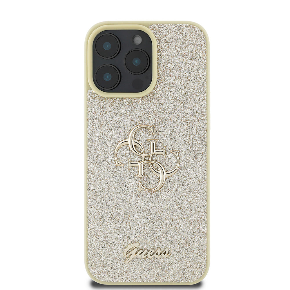 Apple iPhone 16 Pro Kılıf Guess Orjinal Lisanslı 4G Büyük Metal Logolu Glitter Kapak Gold