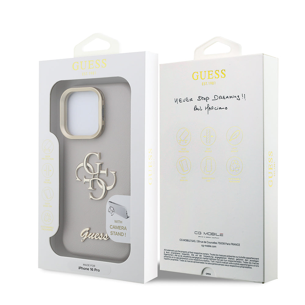 Apple iPhone 16 Pro Kılıf Guess Orjinal Lisanslı Grained Yazı Logolu Kamera Standlı Kapak Bej